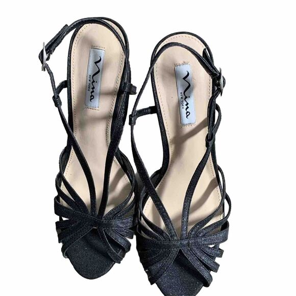 Nina Women‎ Sandals Black New York FENIX GLITTER  Size 8 Pencil Heels Straps - Picture 1 of 6